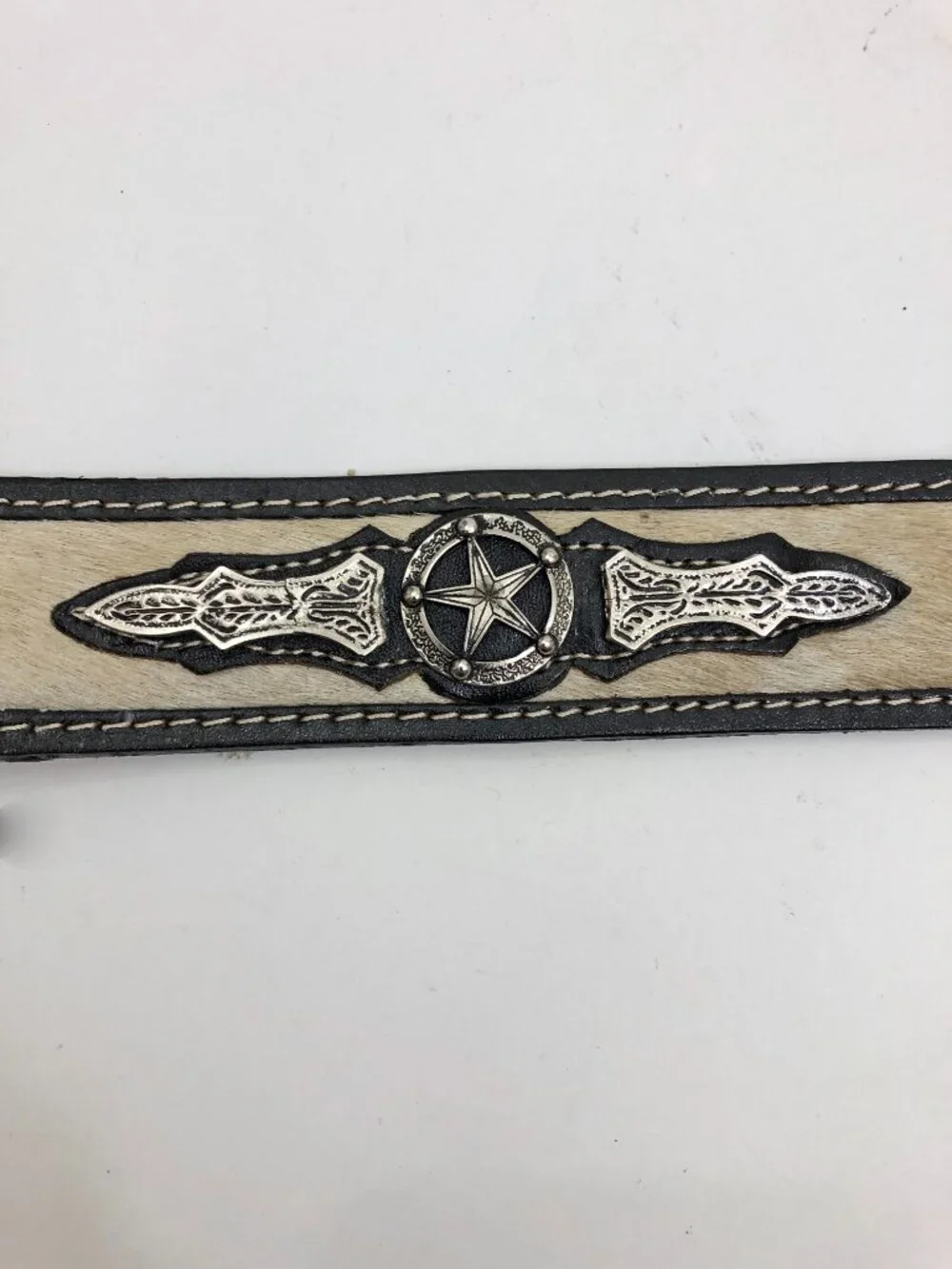 Western leather Belt Size 36 Black Leather & Tan Fur Silvertone Buckle Longhorns